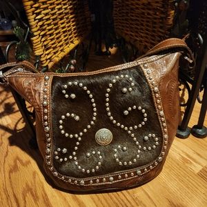 American West tooled genuine leather  hair fur on hide studded tote handbag